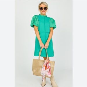 NWT THML GREEN DRESS POPLIN PUFFY SLEEVES STRETCH SIZE LARGE